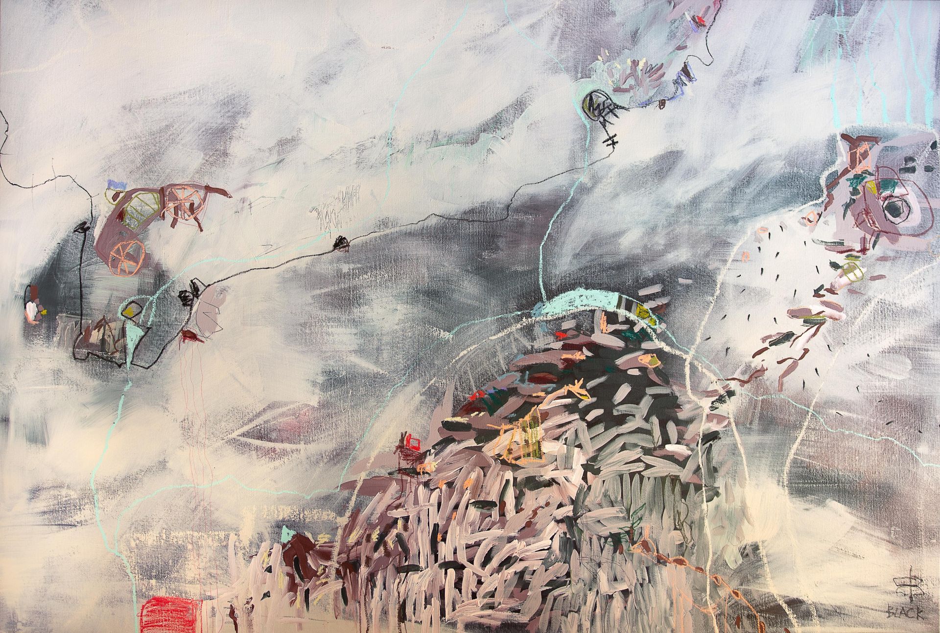 An abstract, ink-wash style painting featuring a rocky, tower-like formation, wispy gray clouds, and scattered color accents.