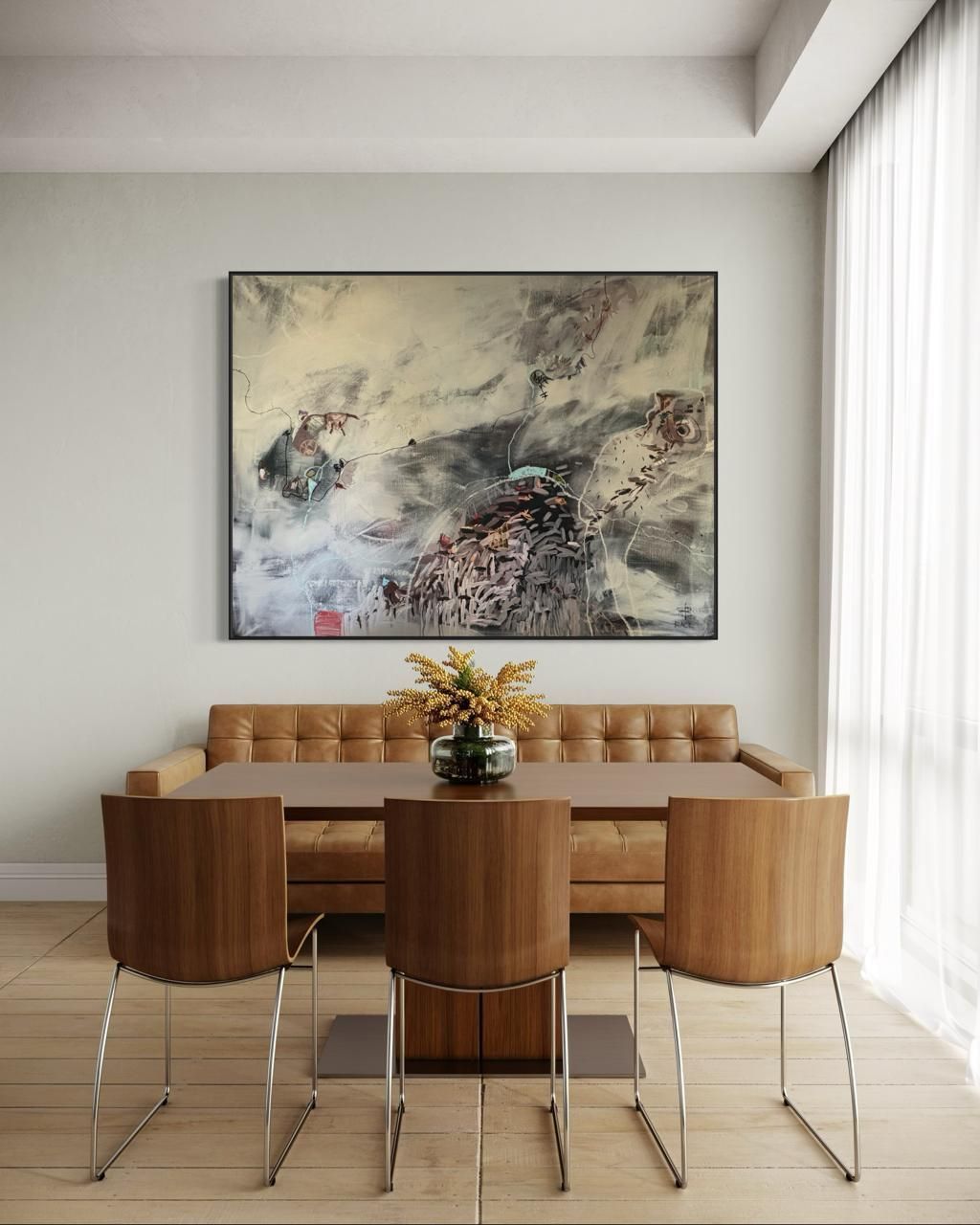 An abstract, ink-wash style painting featuring a rocky, tower-like formation, wispy gray clouds, and scattered color accents.