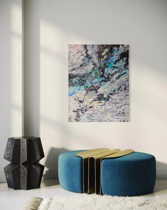 Impressionist oil painting of a rugged, snowy mountain landscape with deep crevasses and scattered colorful highlights.