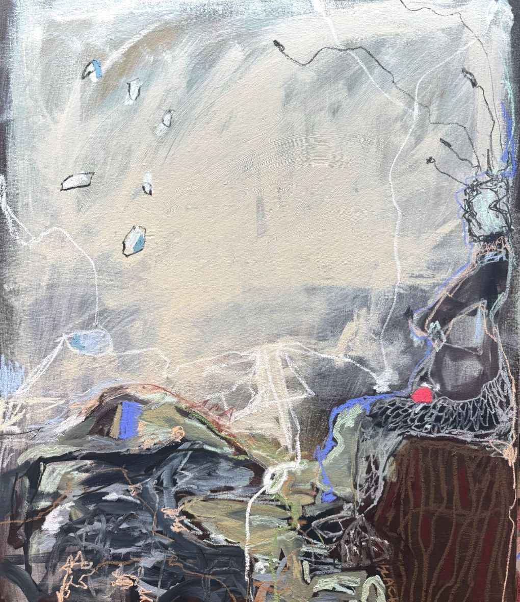Abstract mixed media painting in soft grey and cream with scattered blue marks, white chalk lines and dark layered forms by South African artist Bianca Black