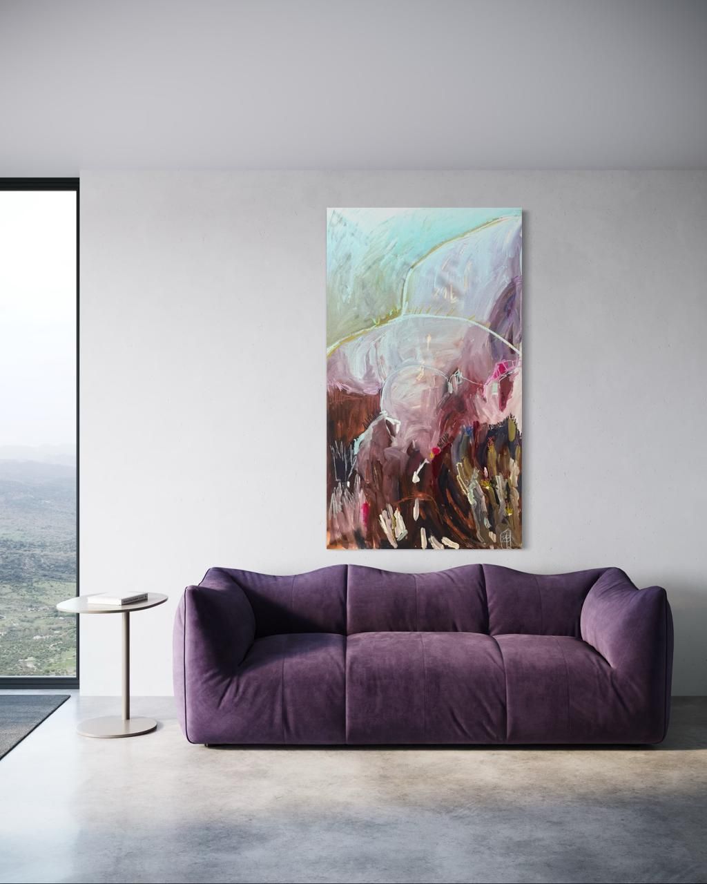 Abstract painting with thick, textured brushstrokes in shades of mauve, brown, and gray, accented by a white curved line.