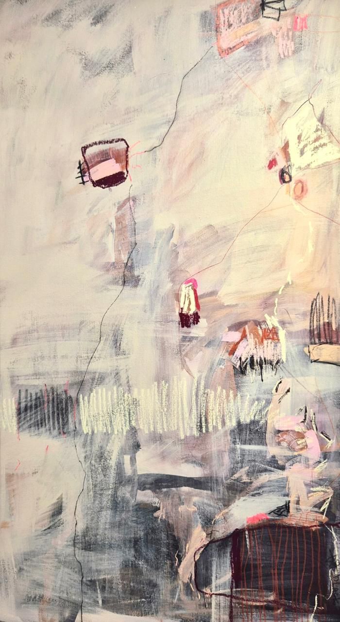 An abstract painting featuring textured layers of muted greys, pinks, and whites with dark, linear scribbles and shapes.