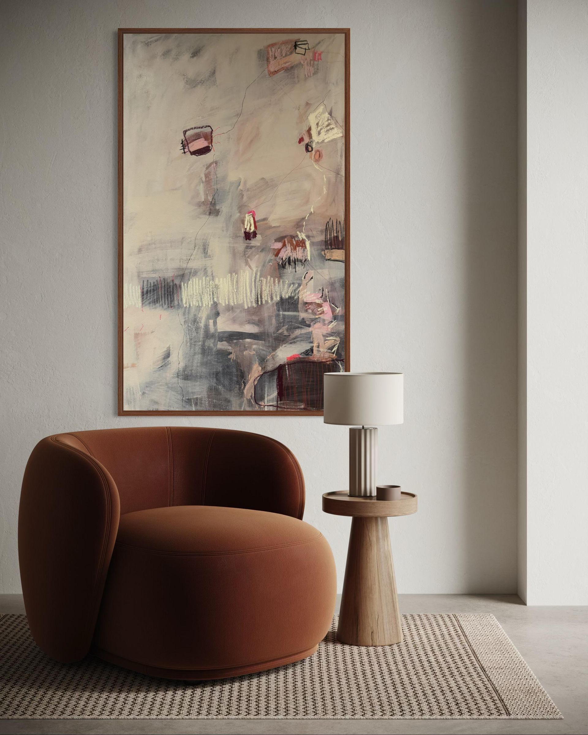 An abstract painting featuring textured layers of muted greys, pinks, and whites with dark, linear scribbles and shapes.