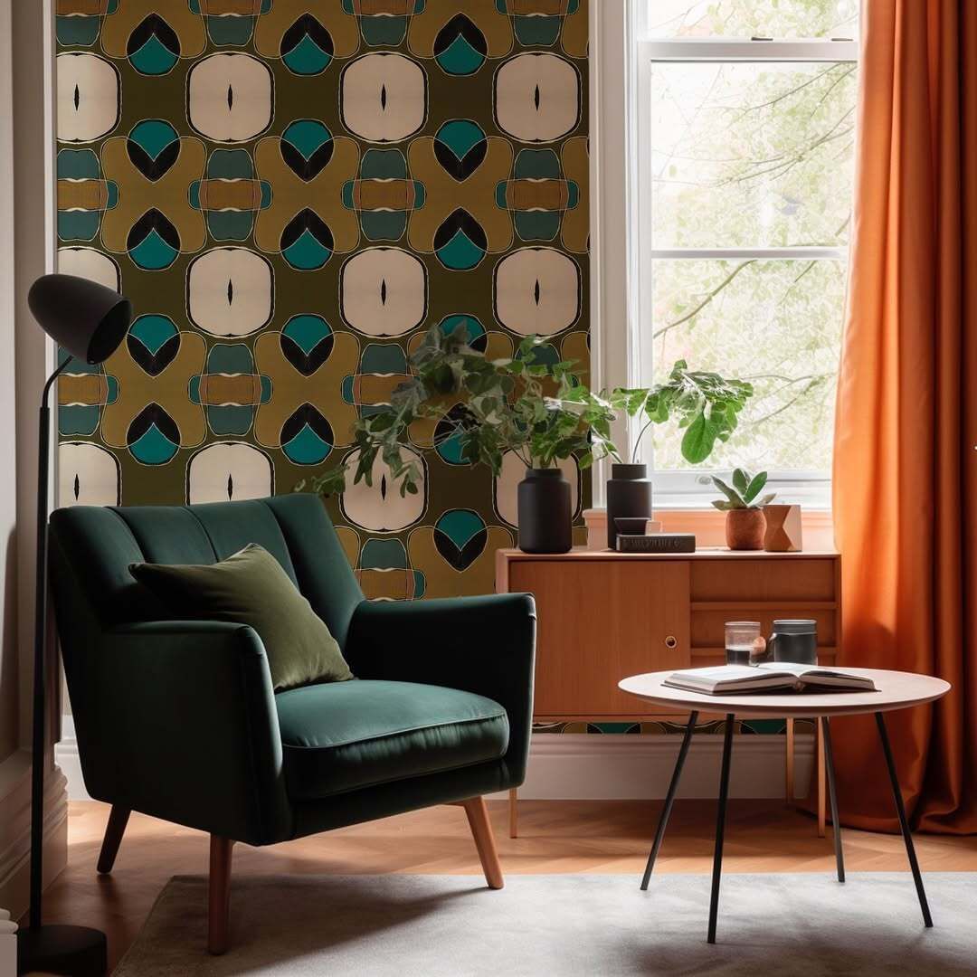 A fabric pattern featuring teal, tan, and cream geometric shapes, including repeating squares and rounded motifs.