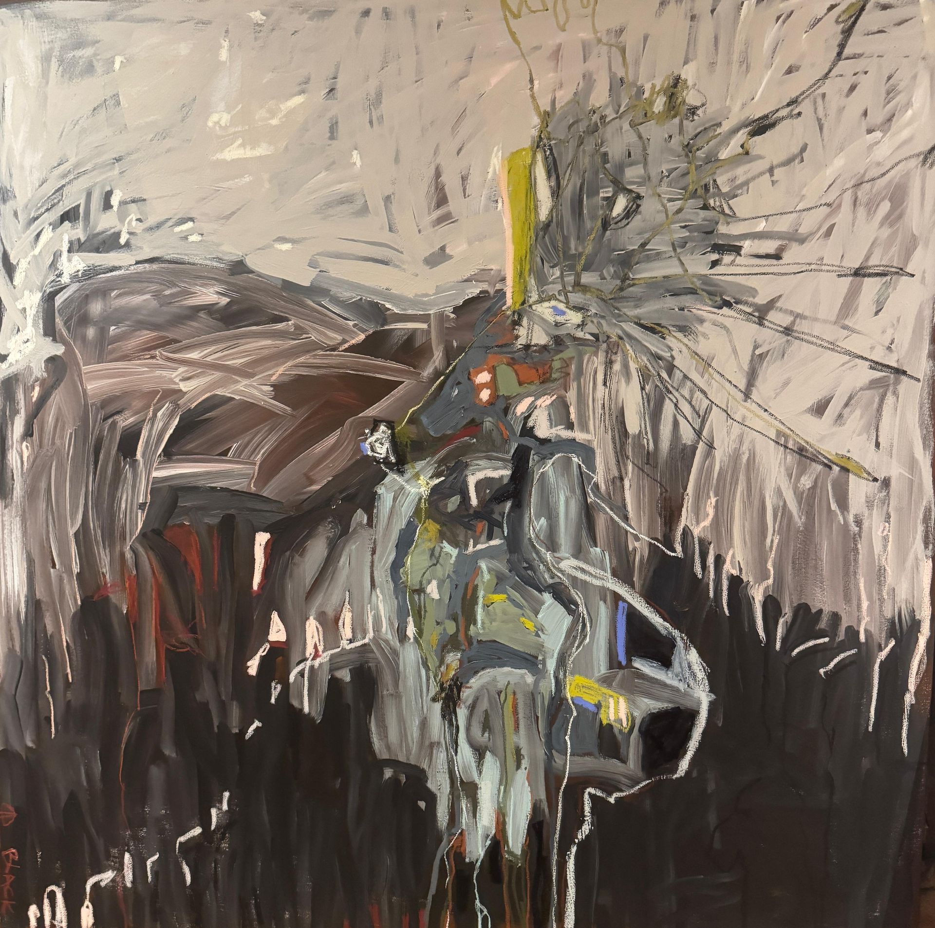 Large square abstract mixed media painting in grey, brown and off-white with expressive vertical brushwork and small gestural figures by Bianca Black