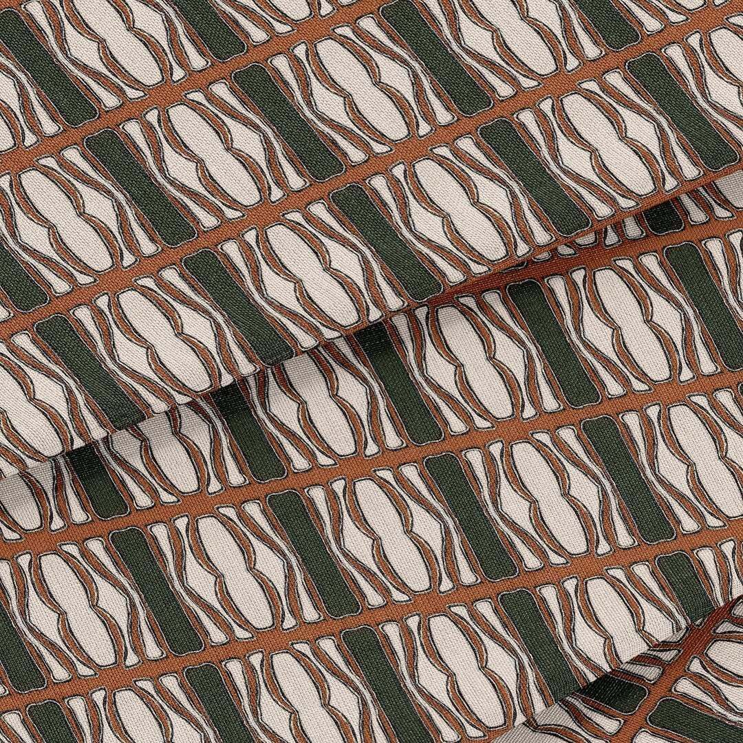 Fabric with a repeating geometric pattern of cream ovals on dark green stripes, separated by thin, horizontal brown lines.