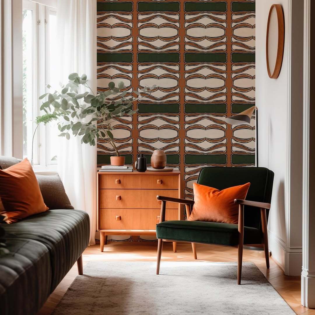 Fabric with a repeating geometric pattern of cream ovals on dark green stripes, separated by thin, horizontal brown lines.