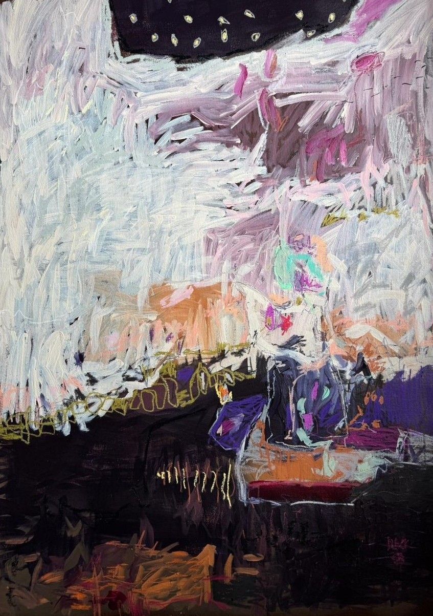 An abstract expressionist painting featuring vertical white brushstrokes over a dark purple and black landscape with stars.