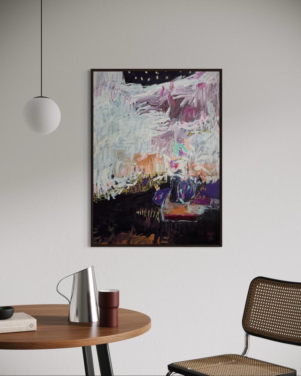 An abstract expressionist painting featuring vertical white brushstrokes over a dark purple and black landscape with stars.