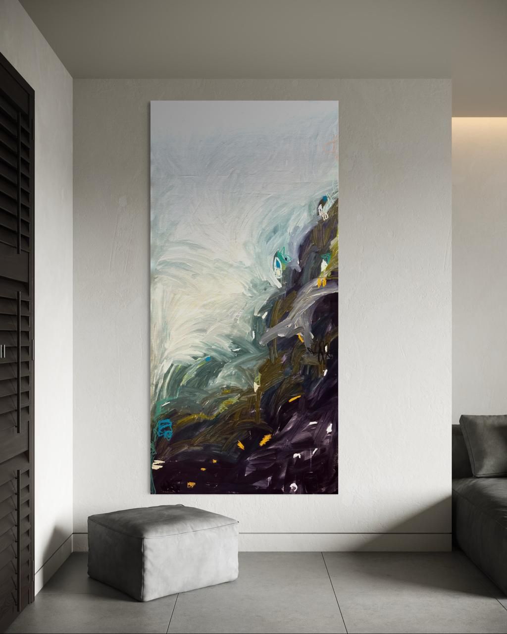 An abstract vertical painting with expressive, swirling brushstrokes in shades of deep blue, dark green, and pale grey.