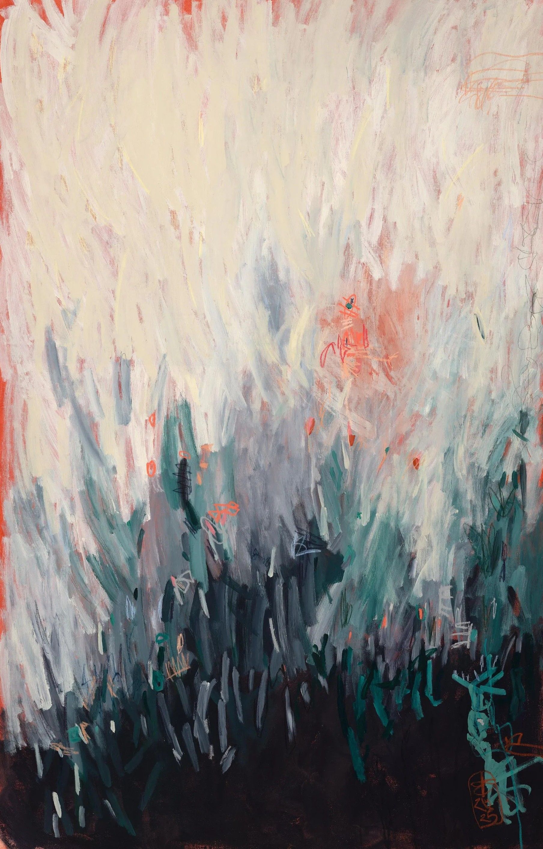 Abstract oil painting featuring vertical, textured brushstrokes in shades of white, teal, and black, with red accents.
