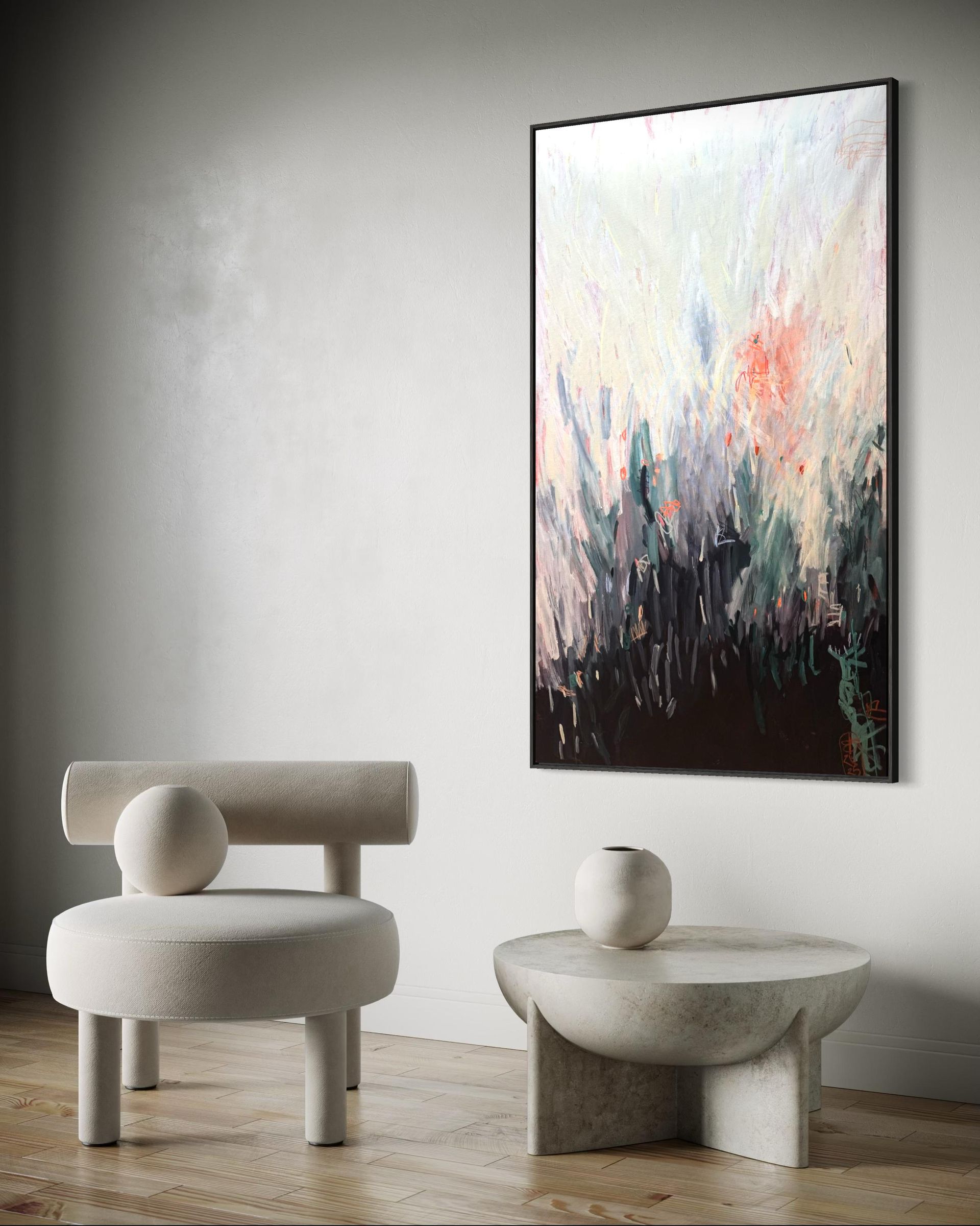 Abstract oil painting featuring vertical, textured brushstrokes in shades of white, teal, and black, with red accents.