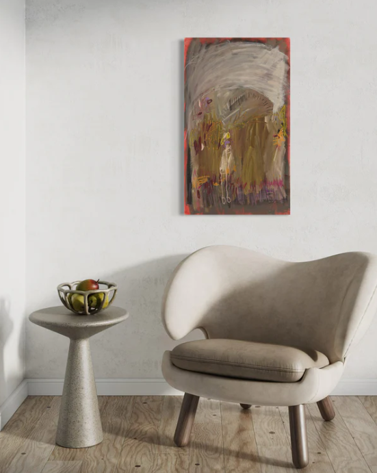 Abstract painting featuring a pale, stick-like figure standing in a textured, muted landscape of earthy, layered tones.