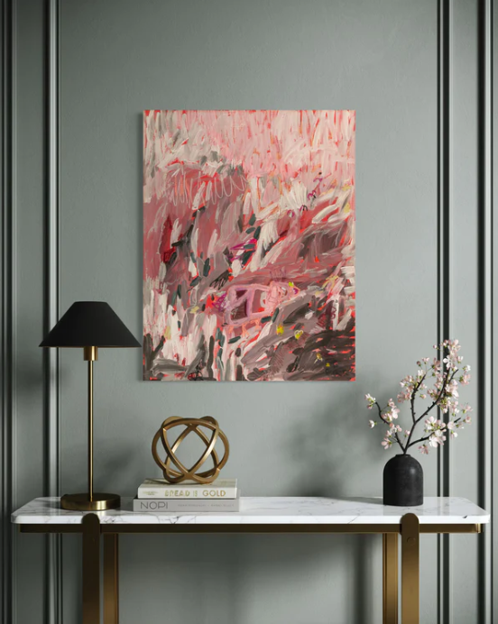 Abstract painting with expressive brushstrokes of pink, red, white, and grey, featuring a centralized rectangular form.