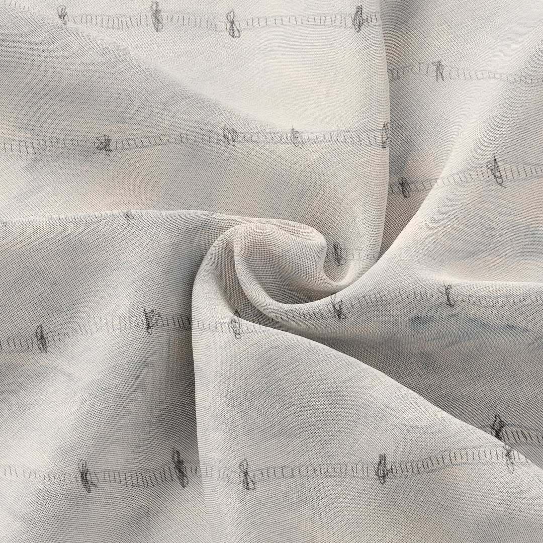 A close-up of textured, light-gray fabric with a subtle pattern of tiny, dark-colored vertical stitches.