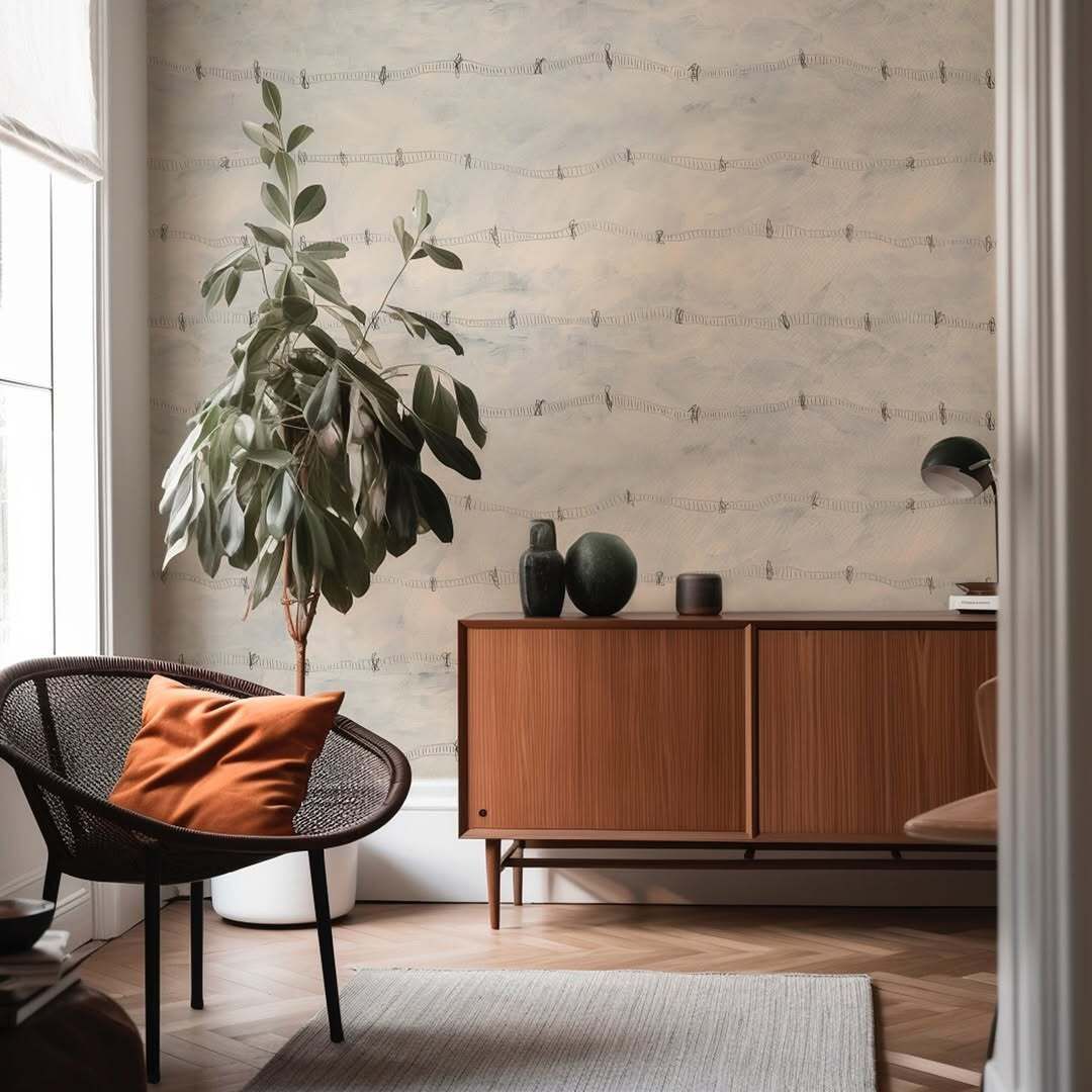 A close-up of textured, light-gray fabric with a subtle pattern of tiny, dark-colored vertical stitches.