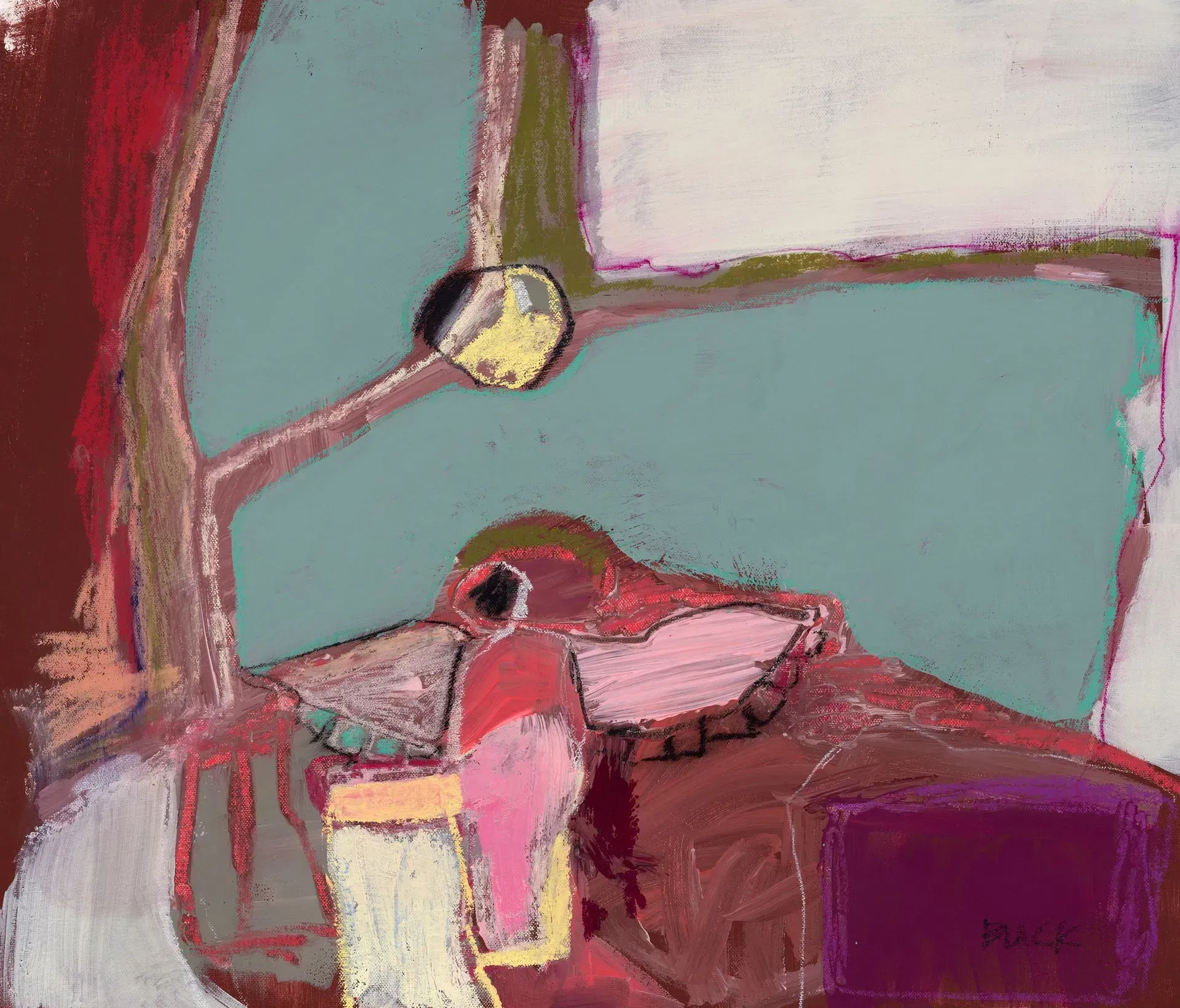 An abstract expressionist painting featuring a bird-like figure in pink and red, set against a teal and maroon background.