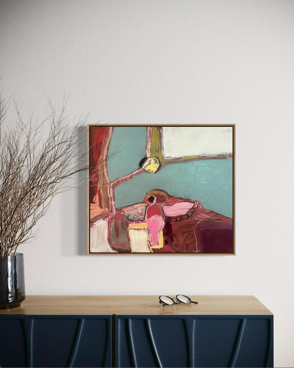 An abstract expressionist painting featuring a bird-like figure in pink and red, set against a teal and maroon background.