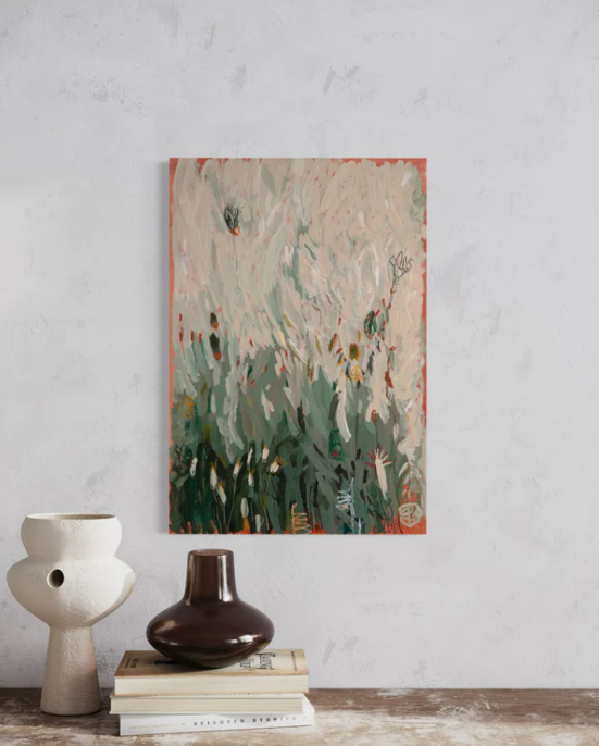 Abstract expressionist painting with energetic brushstrokes in muted green, white, and coral tones, featuring floral motifs.