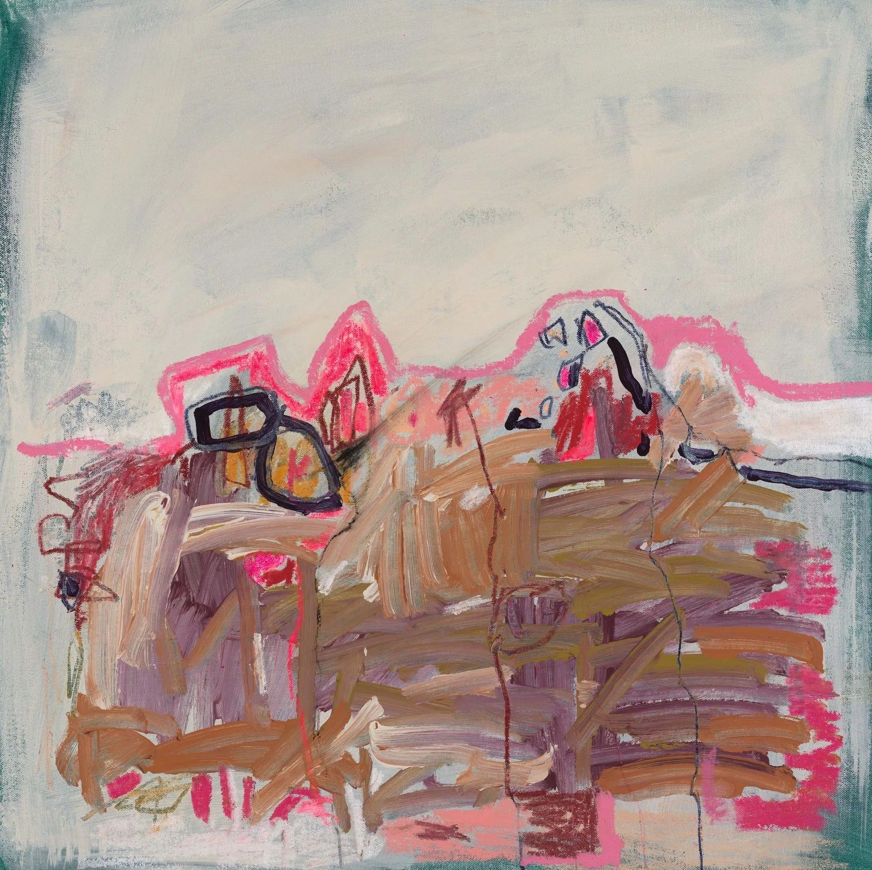 Abstract painting with energetic, layered brushstrokes of brown, pink, and white on a pale, textured background.