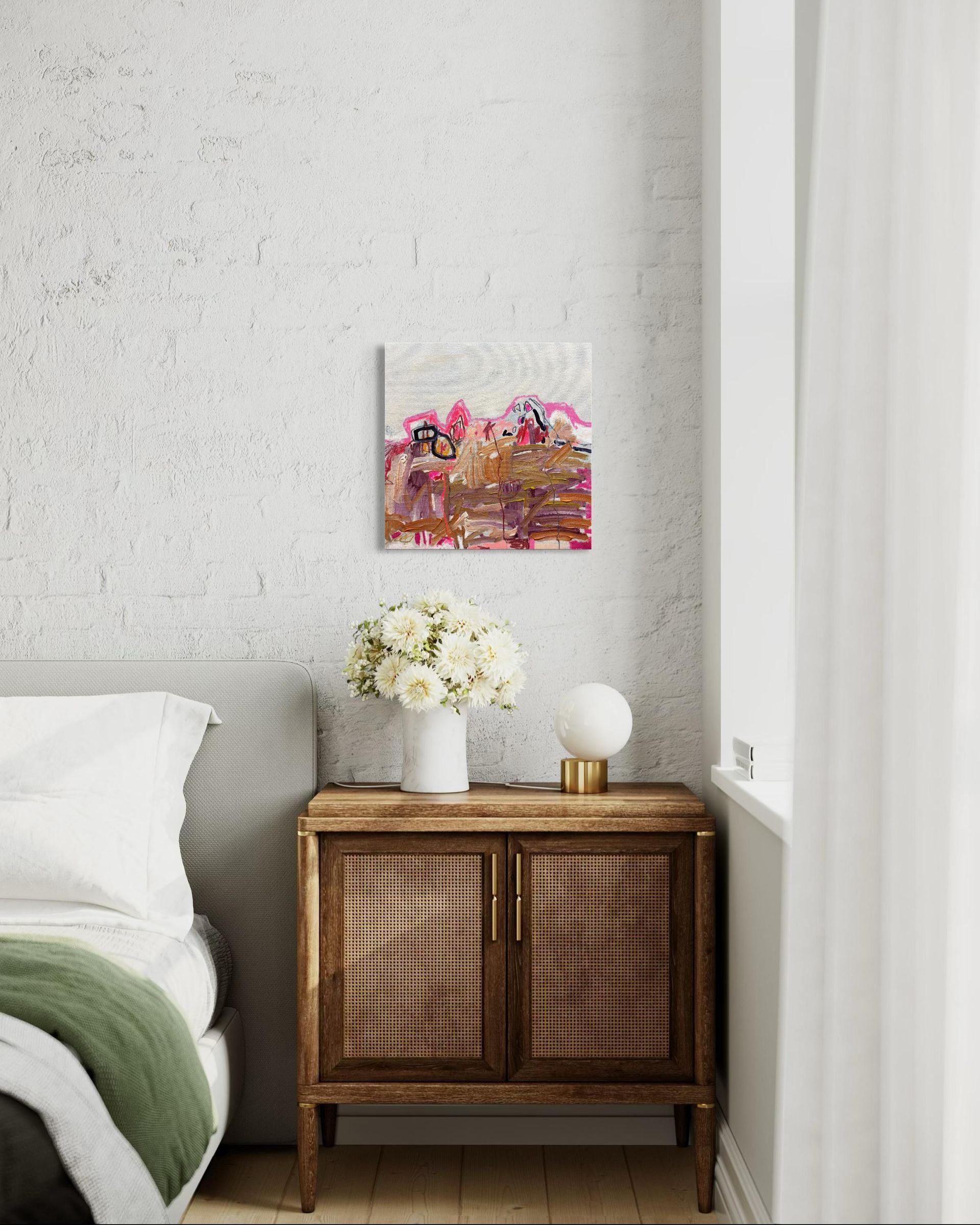 Abstract painting with energetic, layered brushstrokes of brown, pink, and white on a pale, textured background.