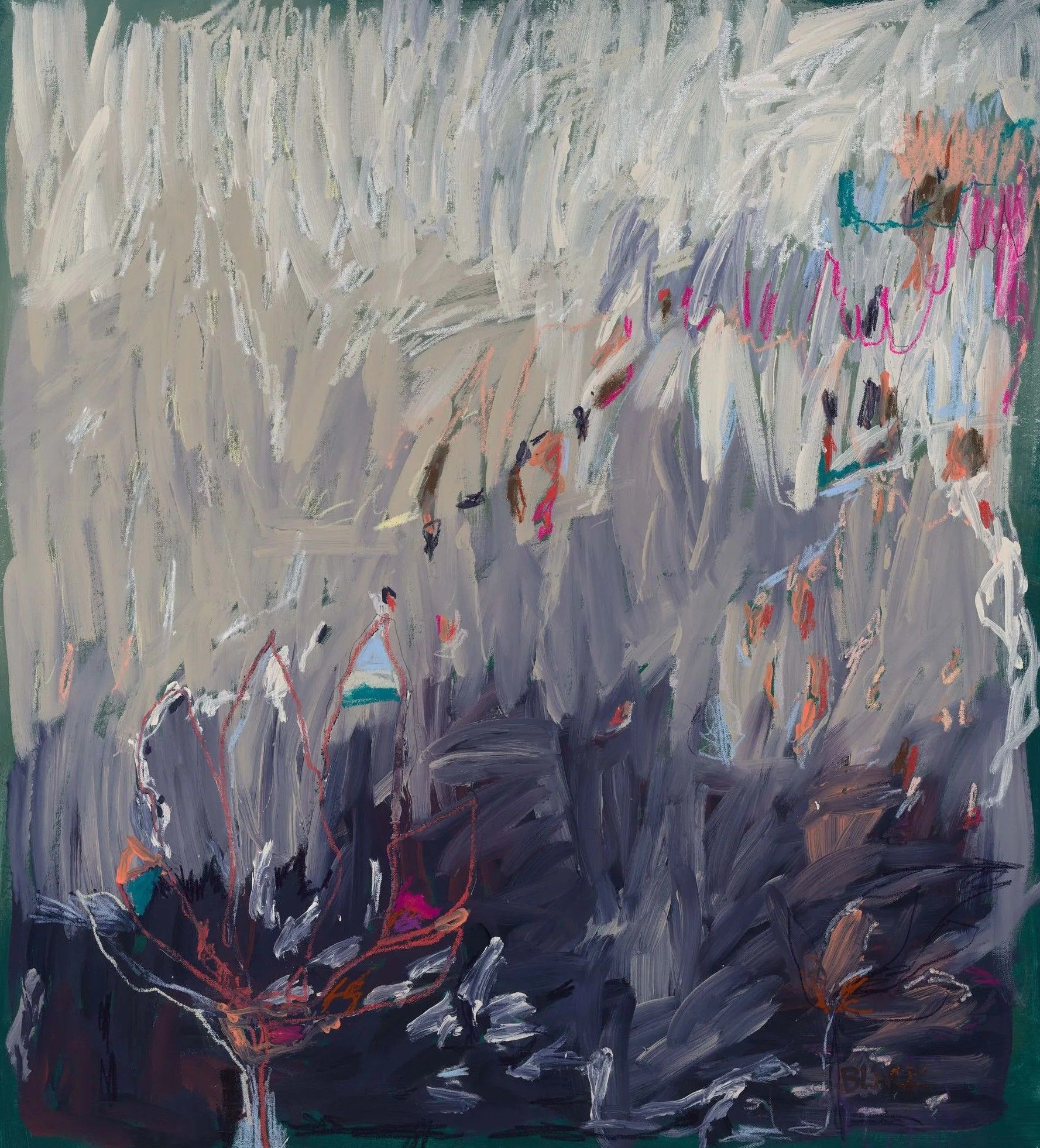 An abstract oil painting with thick, textured brushstrokes in shades of grey, white, and deep indigo with hints of red.