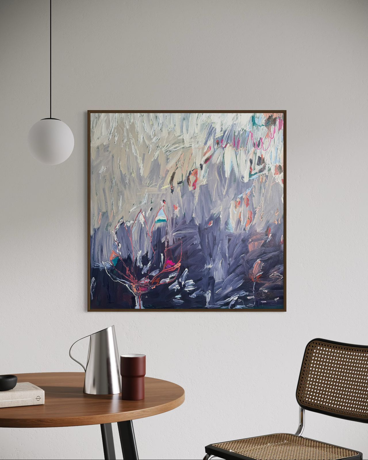 An abstract oil painting with thick, textured brushstrokes in shades of grey, white, and deep indigo with hints of red.