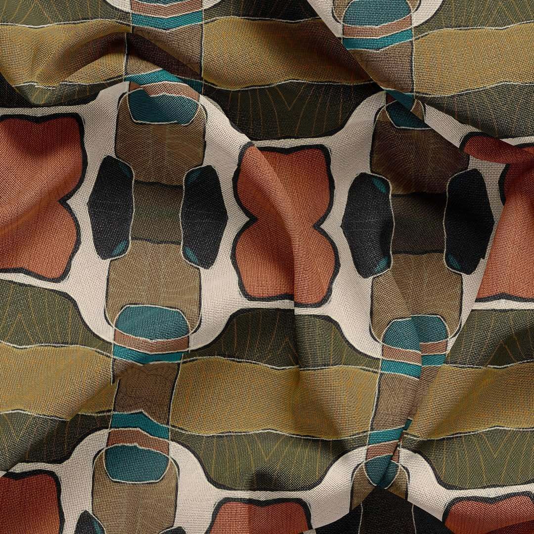 A fabric pattern featuring repeating geometric shapes in terracotta, teal, olive green, and dark brown on a white background.