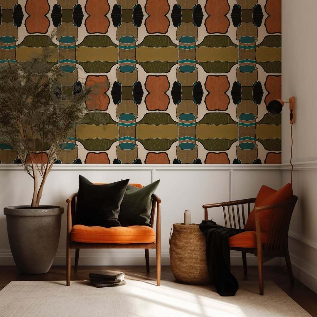 A fabric pattern featuring repeating geometric shapes in terracotta, teal, olive green, and dark brown on a white background.