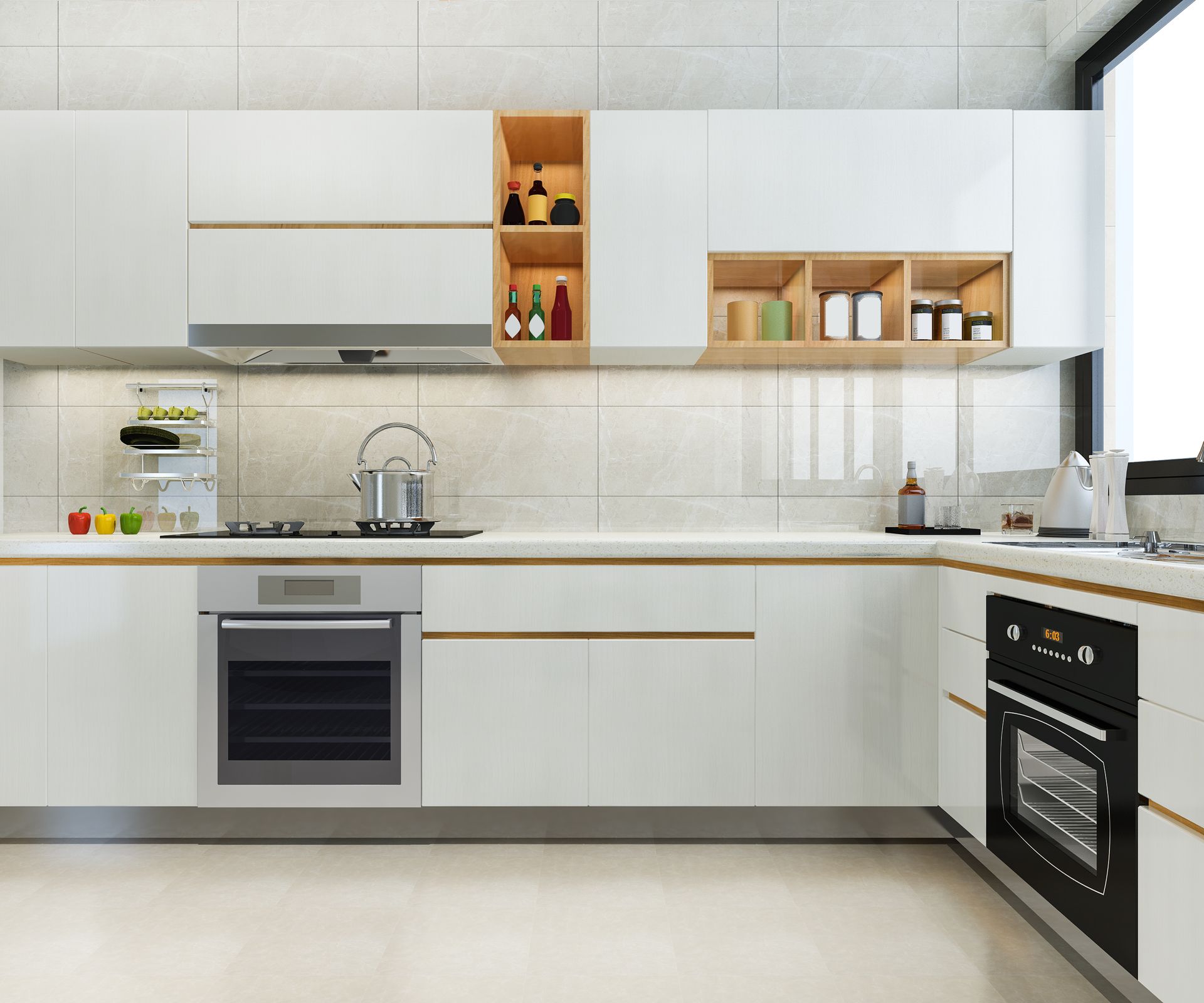 A kitchen with white cabinets , black appliances and a window.