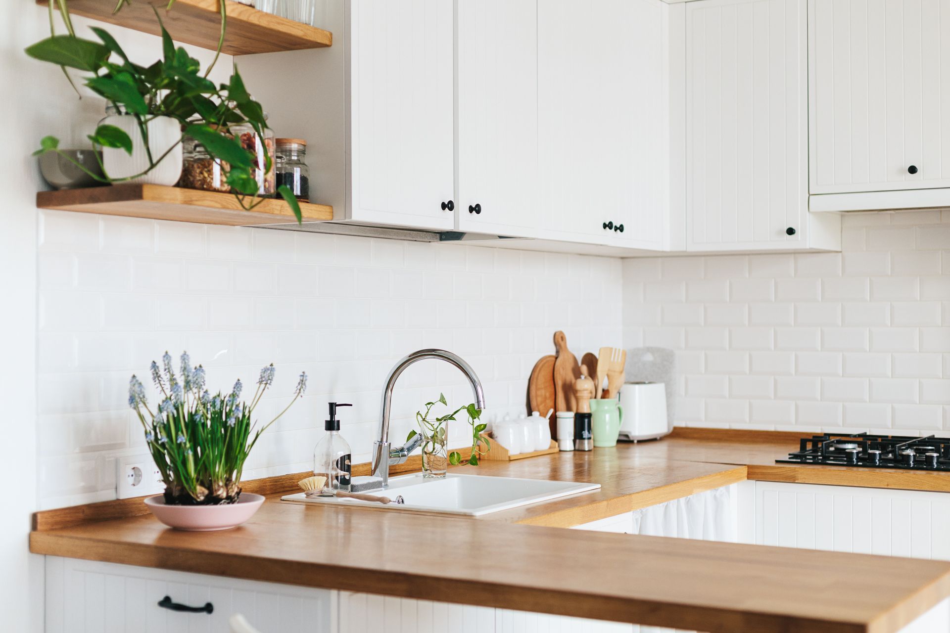 Bright, modern kitchen with white cabinets, wooden countertops, and plants.