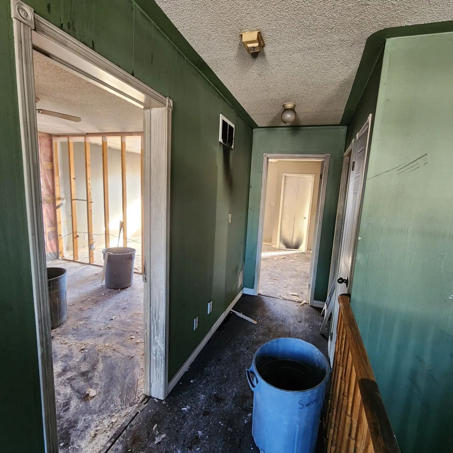 Hallway with green walls, open doorways, and debris; looks like a house in disrepair or undergoing renovation.