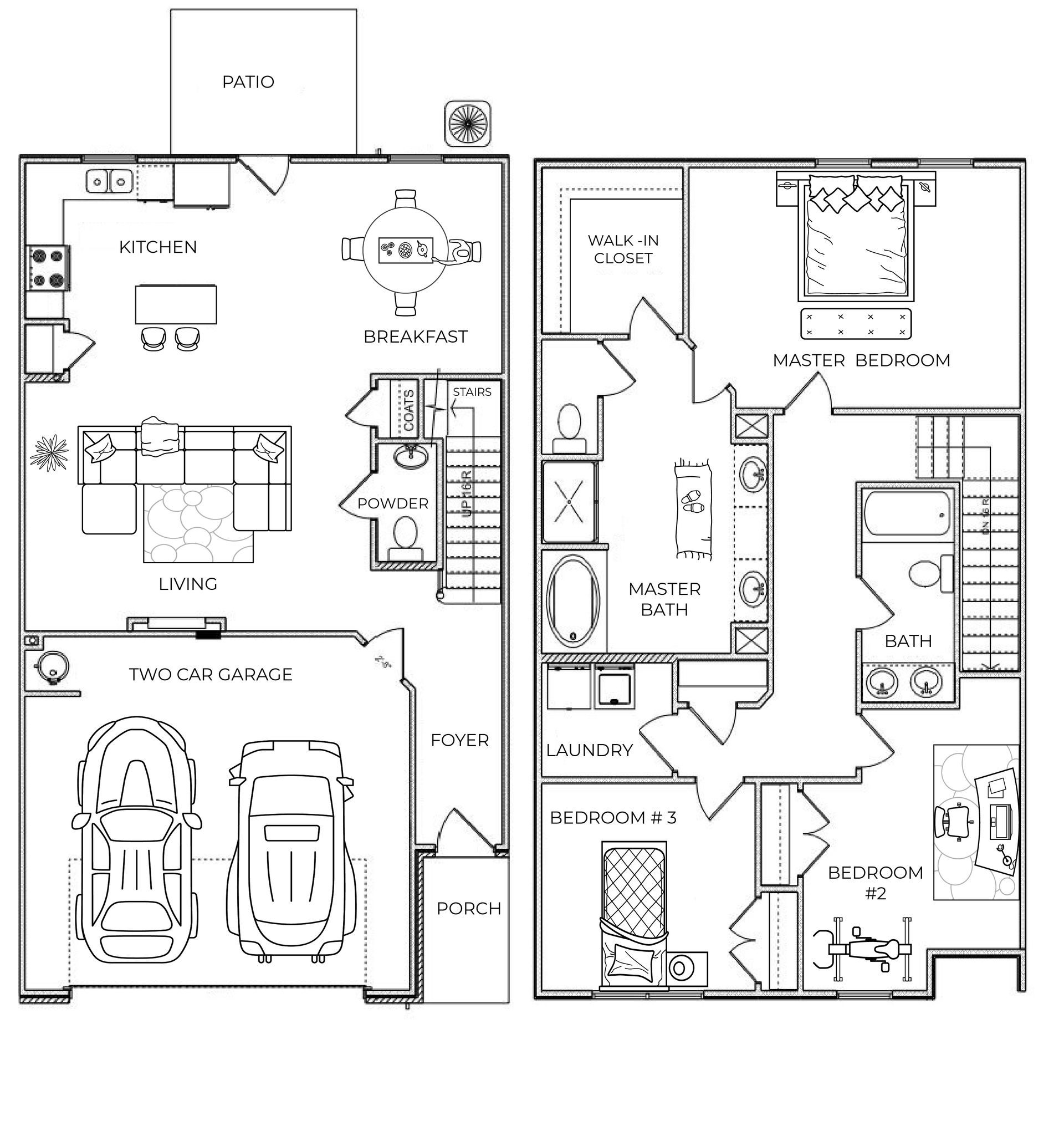 Black-and-white floor plan of a house with garage, living room, kitchen, bedrooms, and patios.