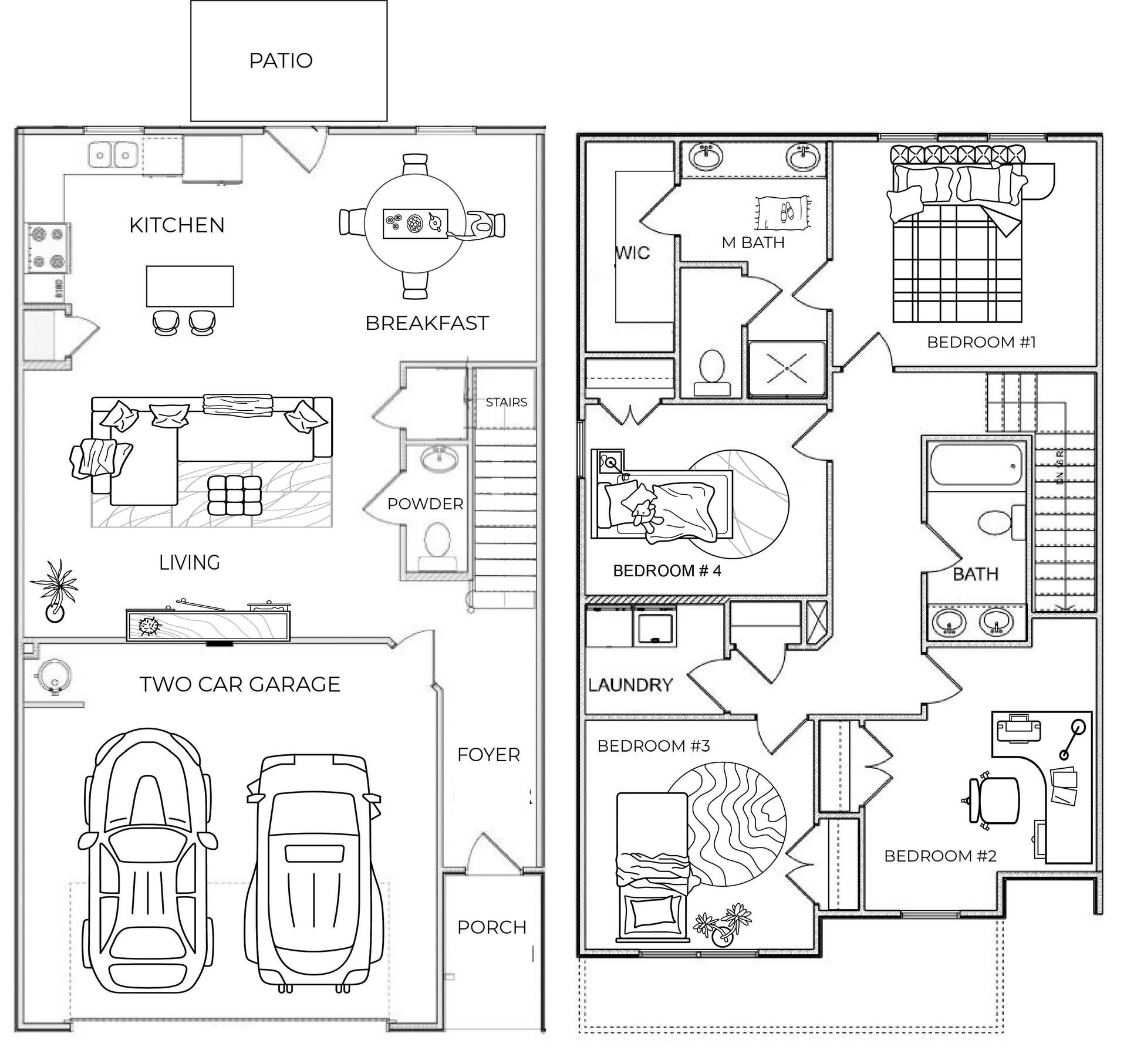 Floor plan of a two-story house with labeled rooms, stairs, porch, and two-car garage.