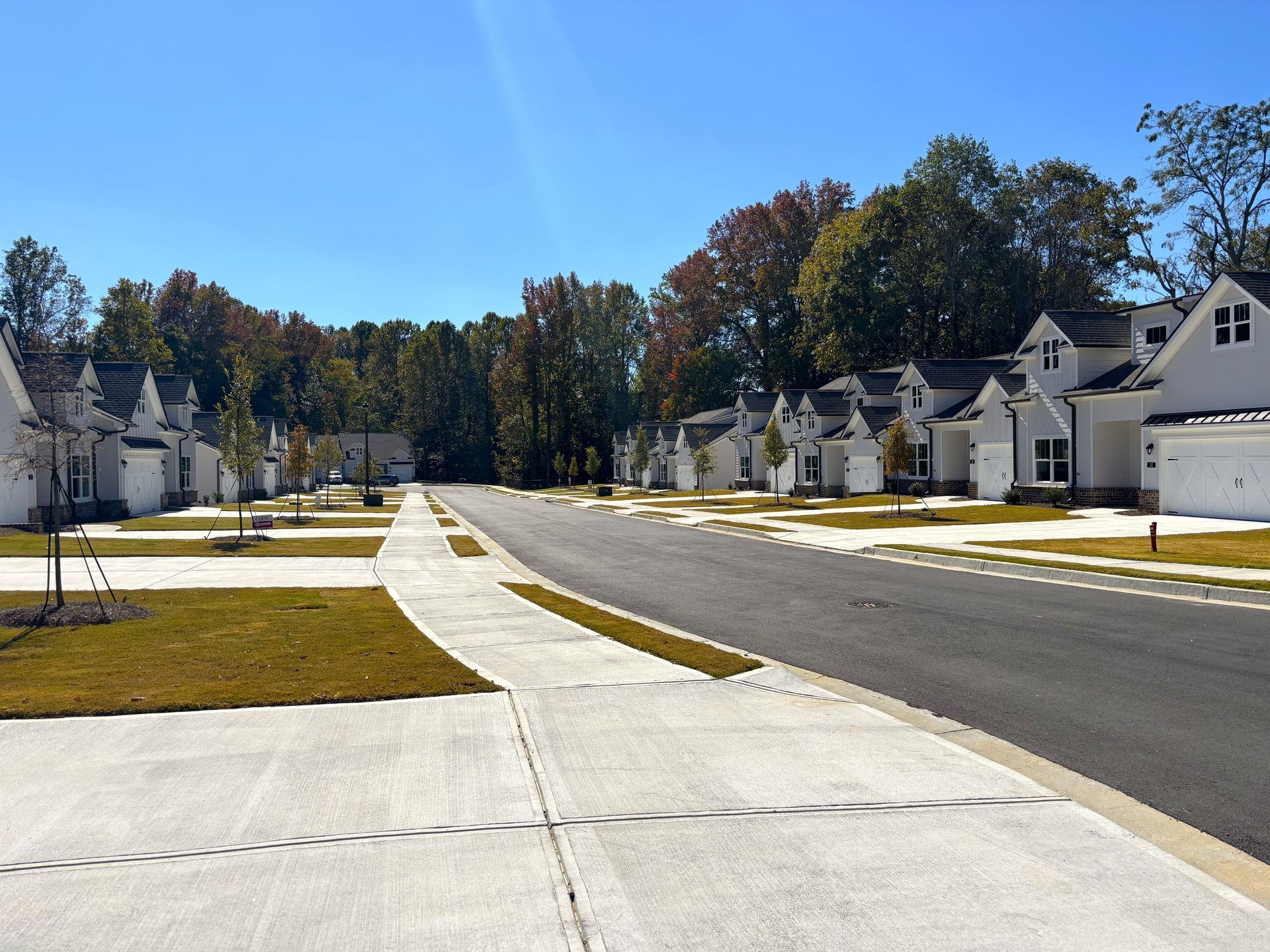 Suburban street with white houses, sidewalks, and a clear blue sky on a sunny day