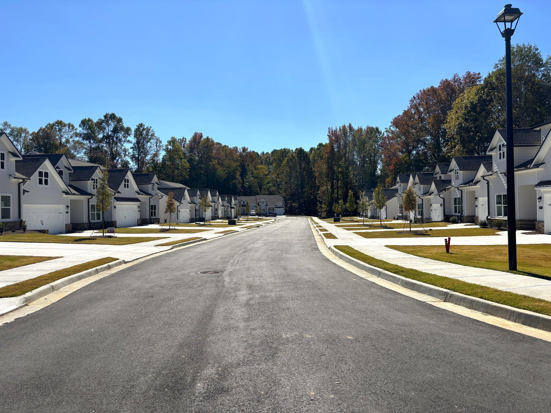 Quiet suburban street lined with white houses, autumn trees, and a clear blue sky