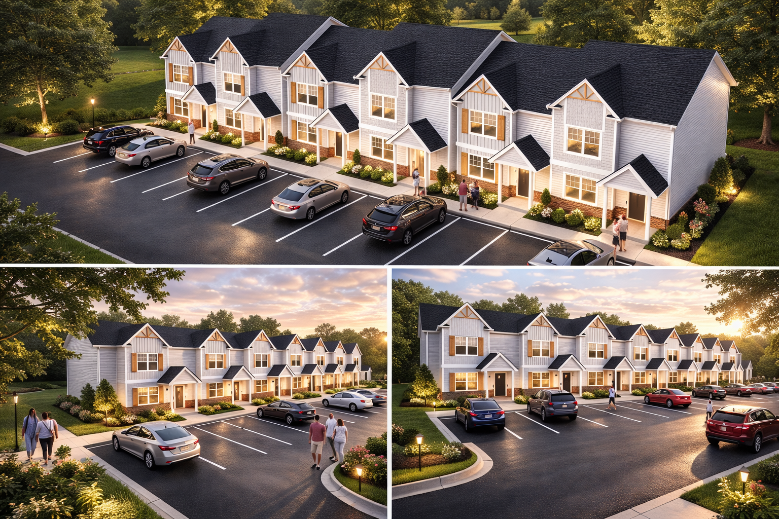 Apartment complex with lit balconies and parked cars at dusk, shown in three exterior views.