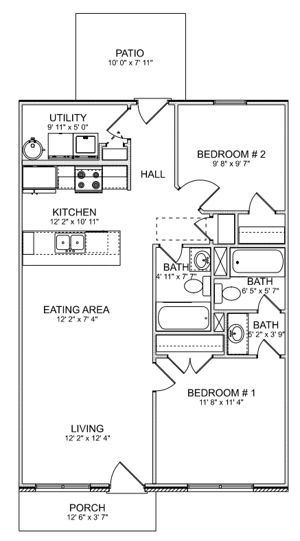 Black-and-white apartment floor plan with kitchen, living area, two bedrooms, two baths, porch, and utility room.