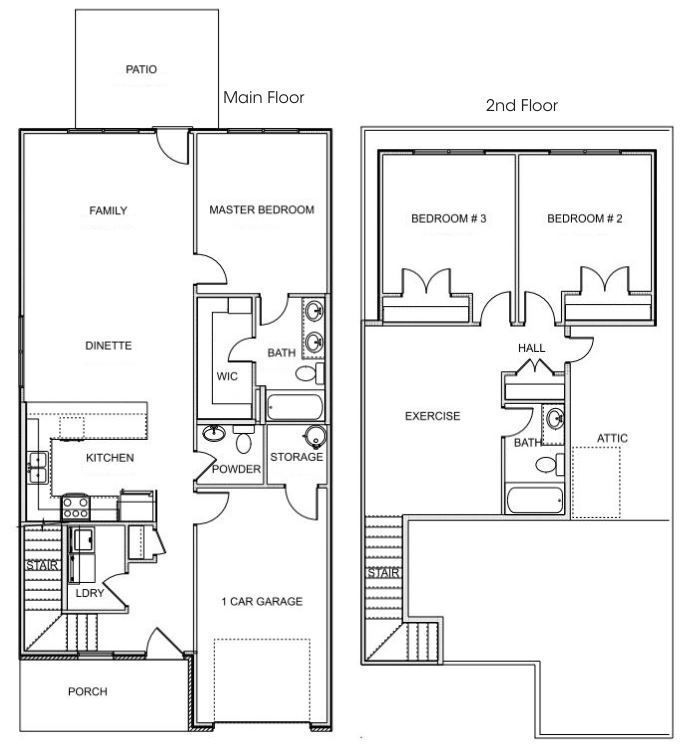 Two-floor house floor plan showing main floor rooms, garage, porch, and second-floor bedrooms and attic.