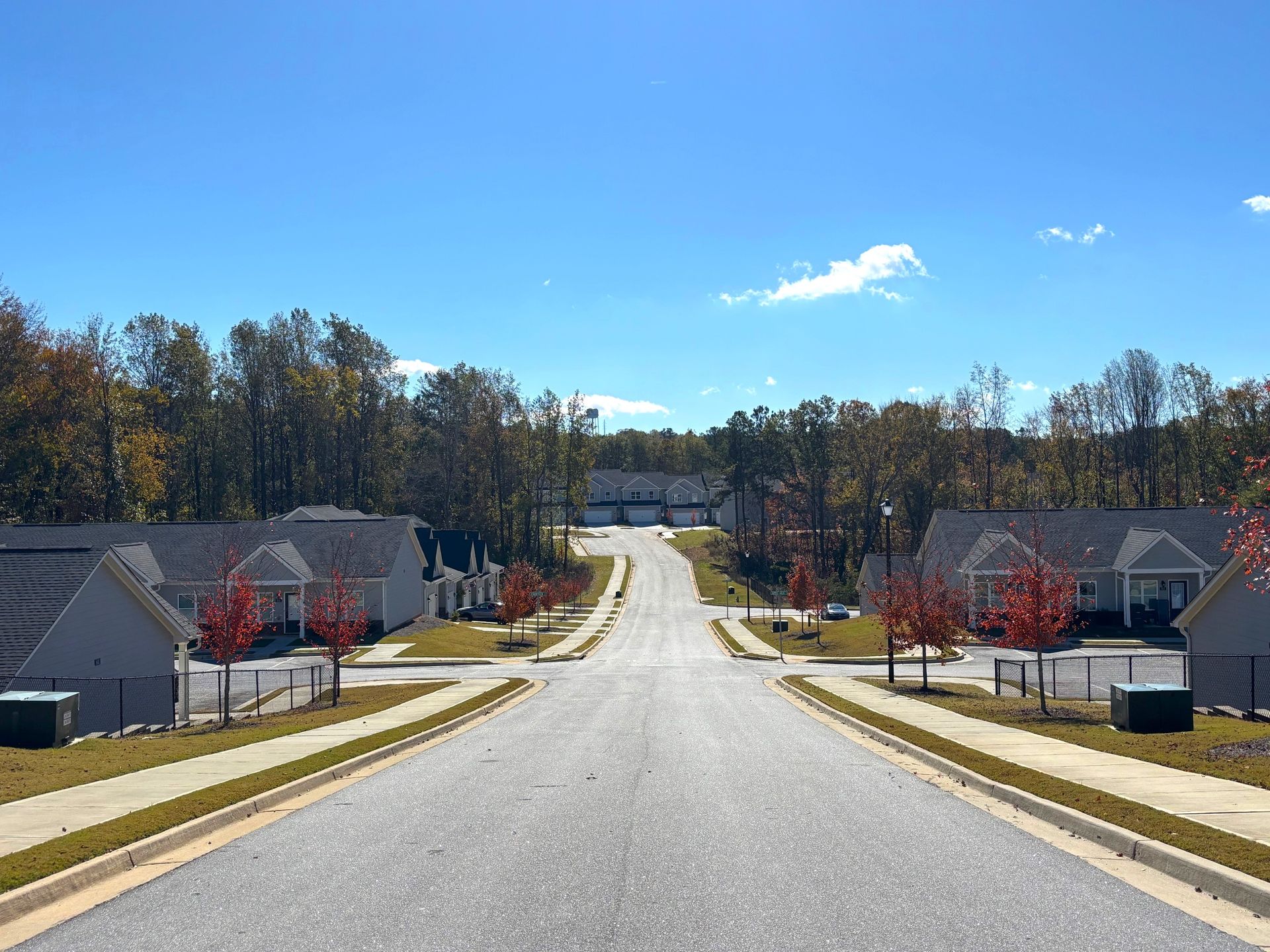 Quiet suburban street lined with gray houses and autumn trees under a bright blue sky