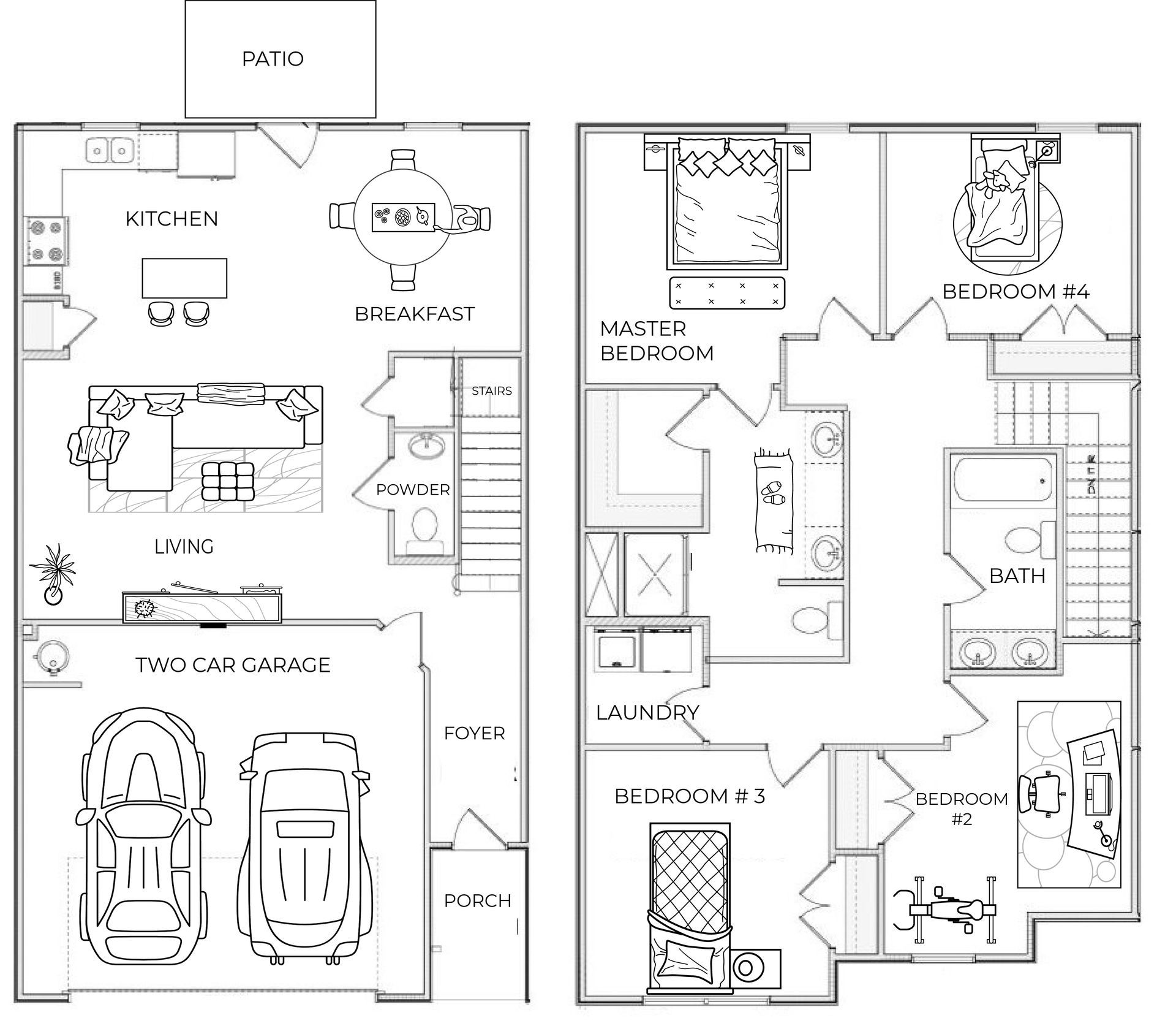 Black-and-white floor plan showing a garage, kitchen, living spaces, stairs, and bedrooms.