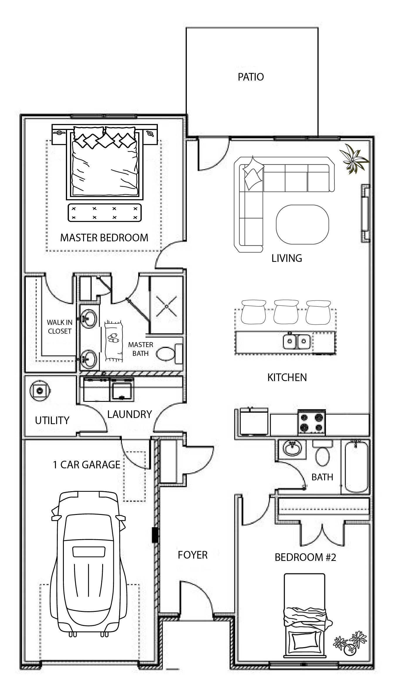 Black-and-white apartment floor plan with multiple rooms, closets, and a garage.