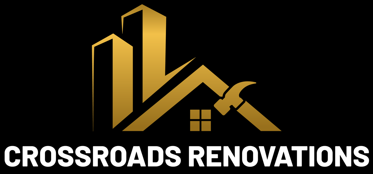 A logo for crossroads renovations with a house and buildings on a black background.