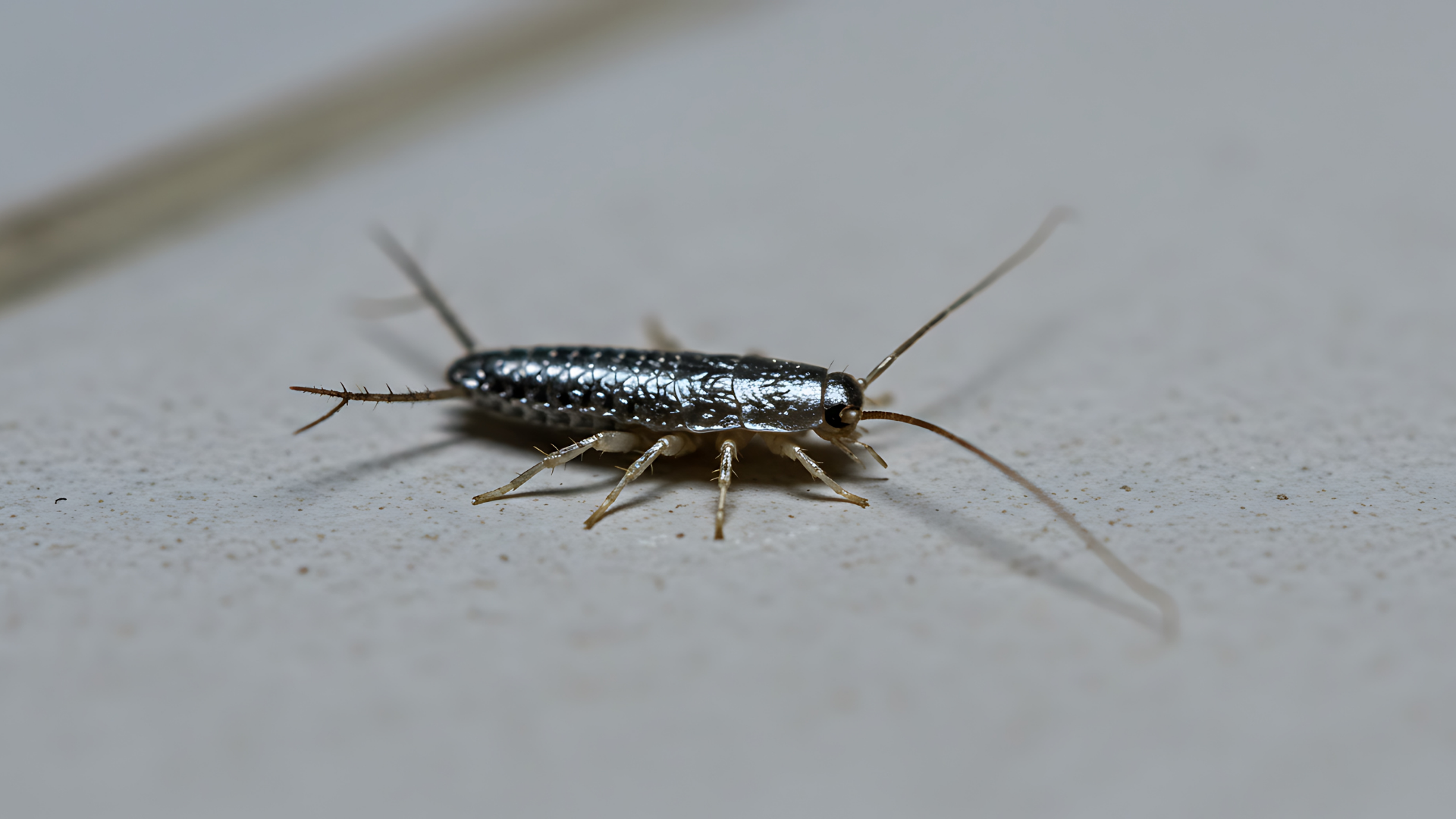 A small silver bug is crawling on a white surface.