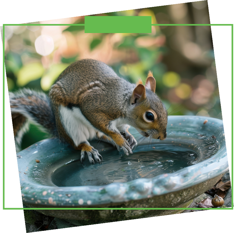 A squirrel is drinking water from a bird bath.