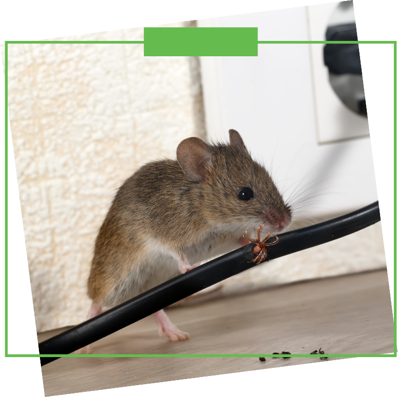 A mouse is standing on a wire next to an ant.