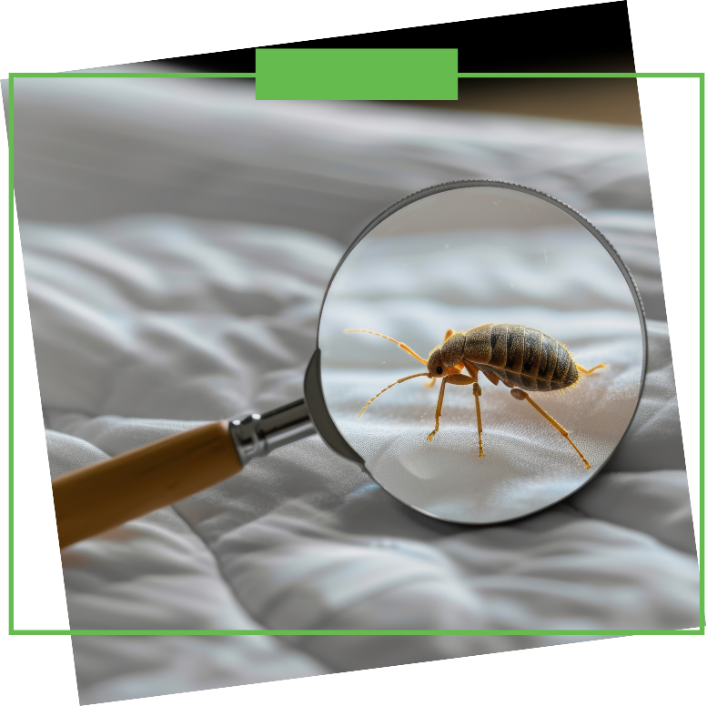 A bed bug is being examined through a magnifying glass on a bed.