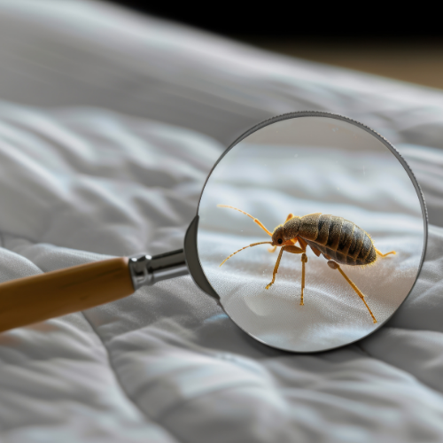 A bug is visible through a magnifying glass on a bed