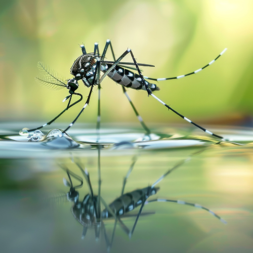 A mosquito is standing on top of a body of water.