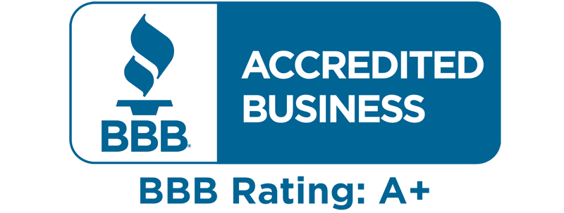 A blue and white sign that says accredited business bbb rating a+